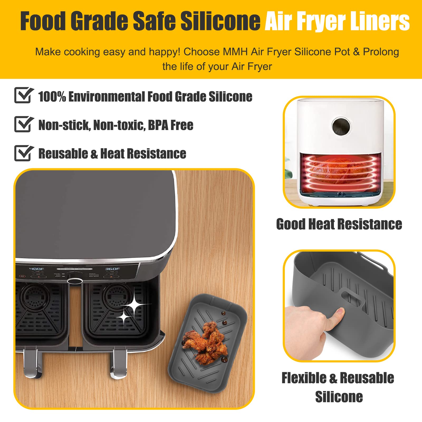 MMH liner silicona con canales de aire para distribución de calor uniforme.