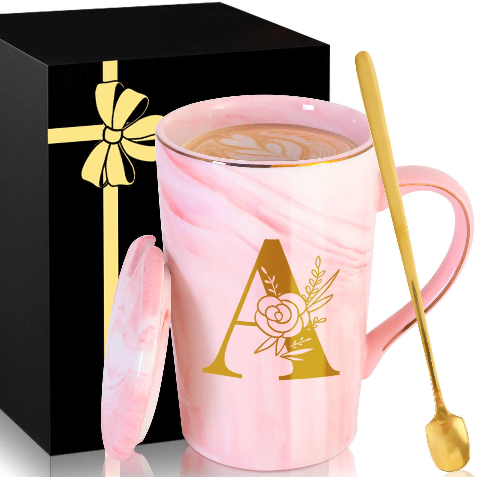 Taza MNZZ con acabado rosa marmolado y tapa, regalo elegante para café diario