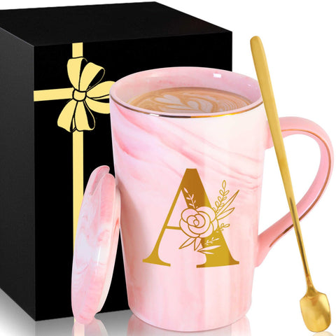 Taza MNZZ con acabado rosa marmolado y tapa, regalo elegante para café diario
