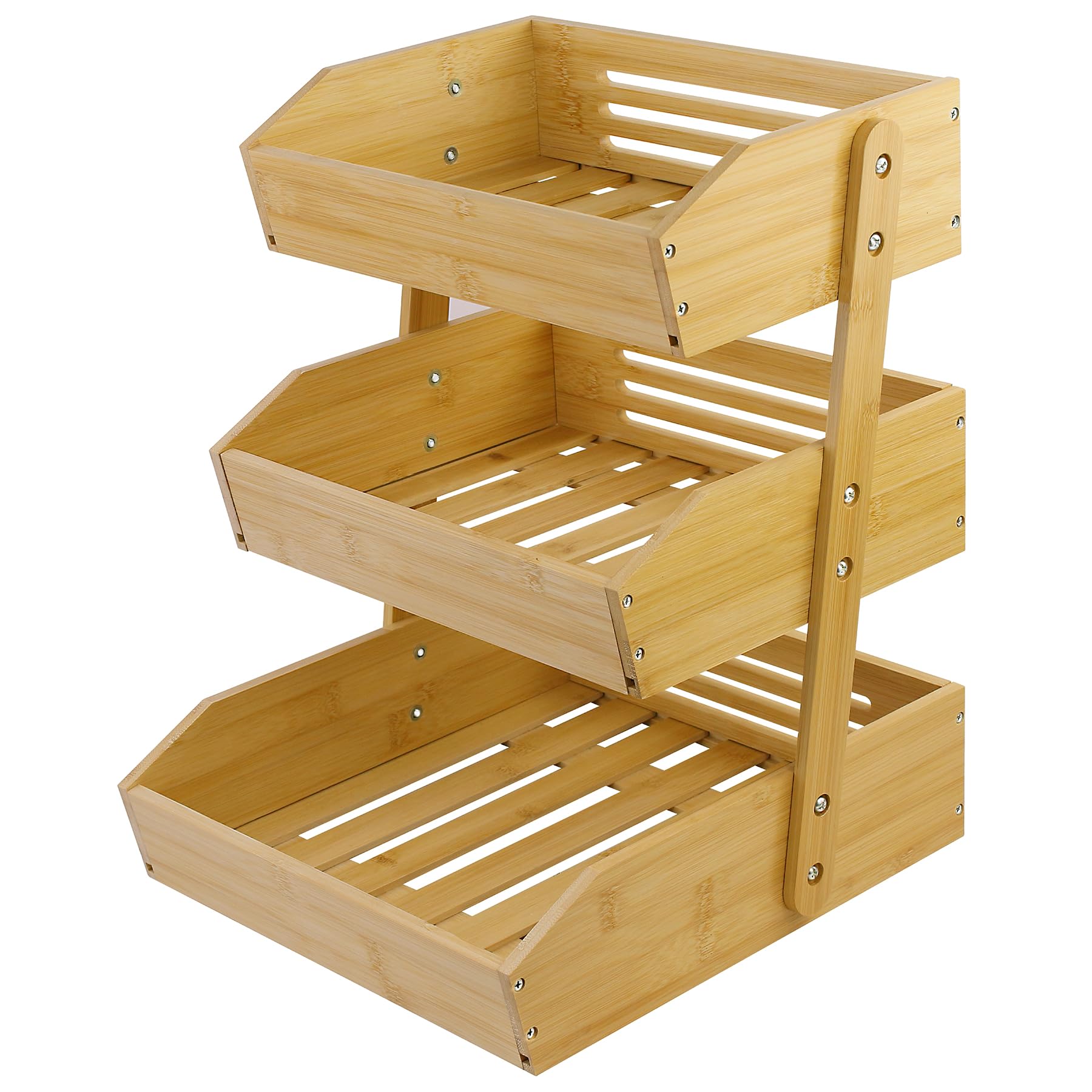 Mobzio cesto de frutas en la cocina con tres niveles para organización.