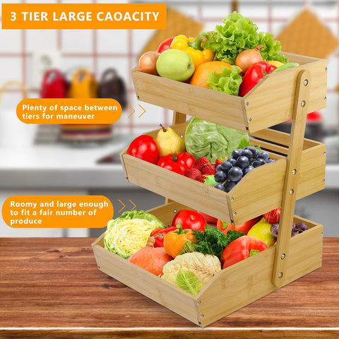 Mobzio estante de frutas de bambú con tres niveles para ordenar.