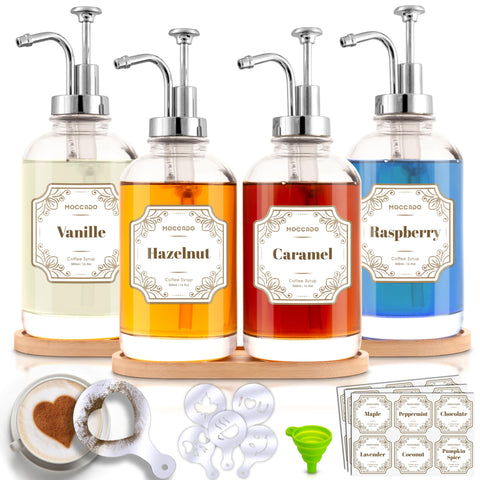 Botellas de jarabe de vidrio Moccado para café, diseño limpio y versátil.