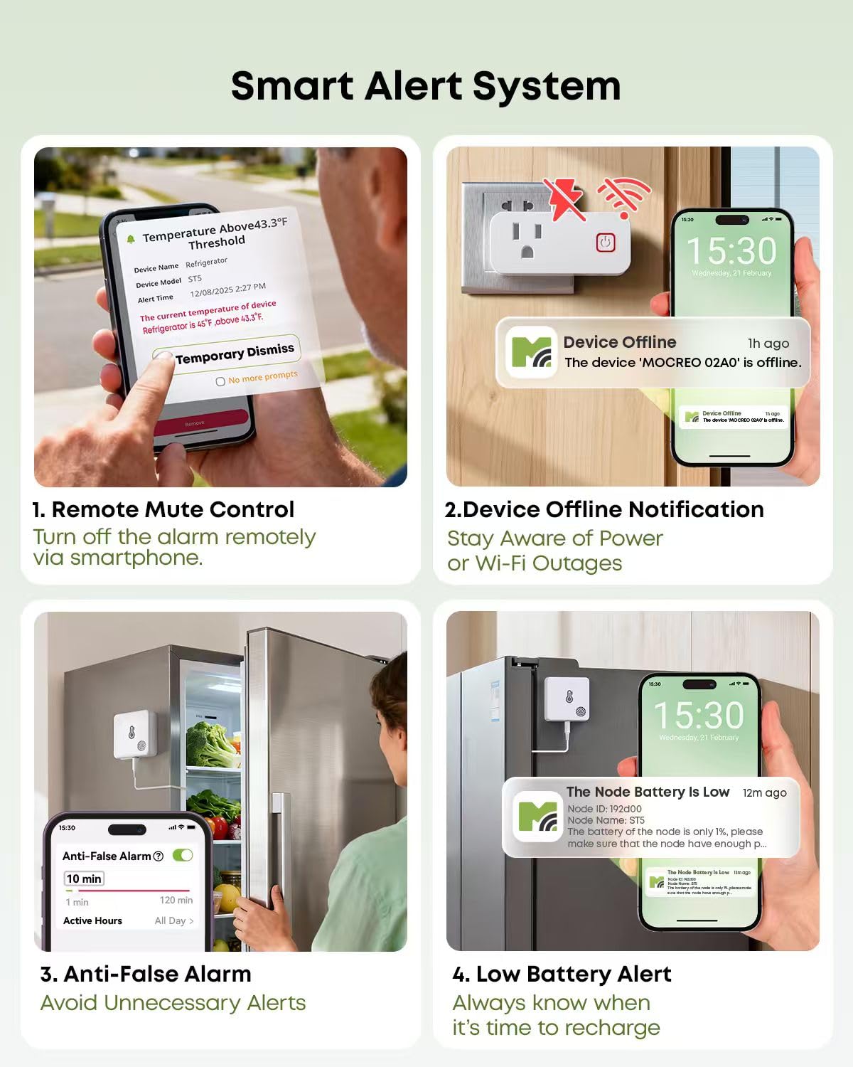 Alarma de 80 dB de MOCREO para avisos rápidos del frigorífico.
