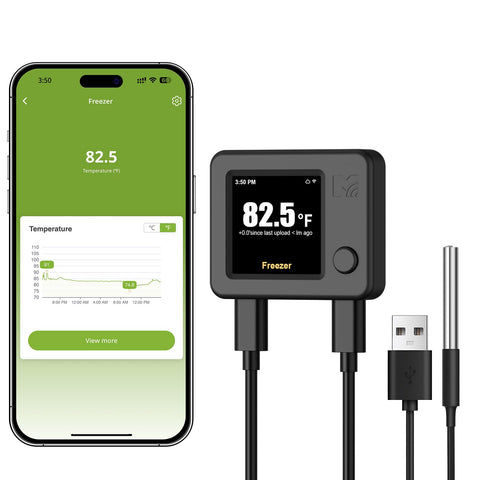 Termómetro MOCREO WiFi para nevera en primer plano, lectura clara y monitoreo continuo.