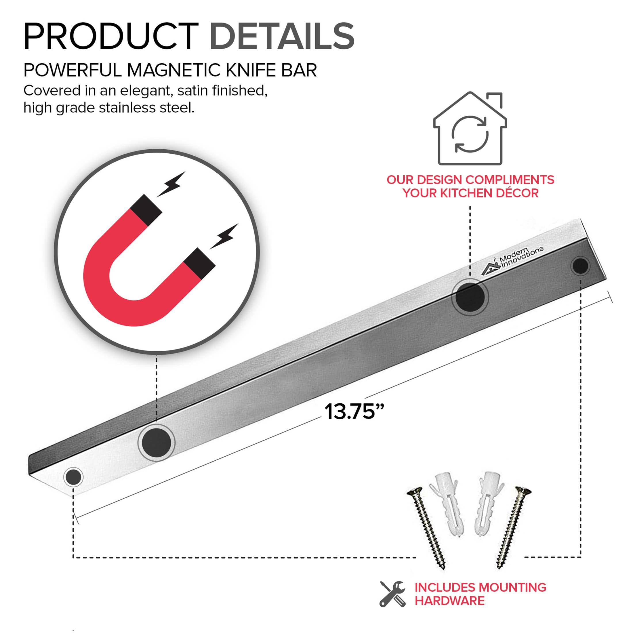 Barra magnética Modern Innovations, superficie resistente para cuchillos grandes en la cocina.