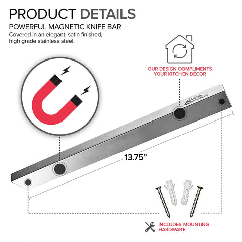 Barra magnética Modern Innovations, superficie resistente para cuchillos grandes en la cocina.
