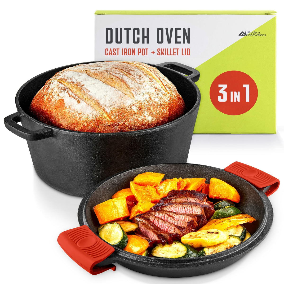 Modern Innovations horno de hierro 3 en 1 con tapa-sartén, versatilidad para cocinar