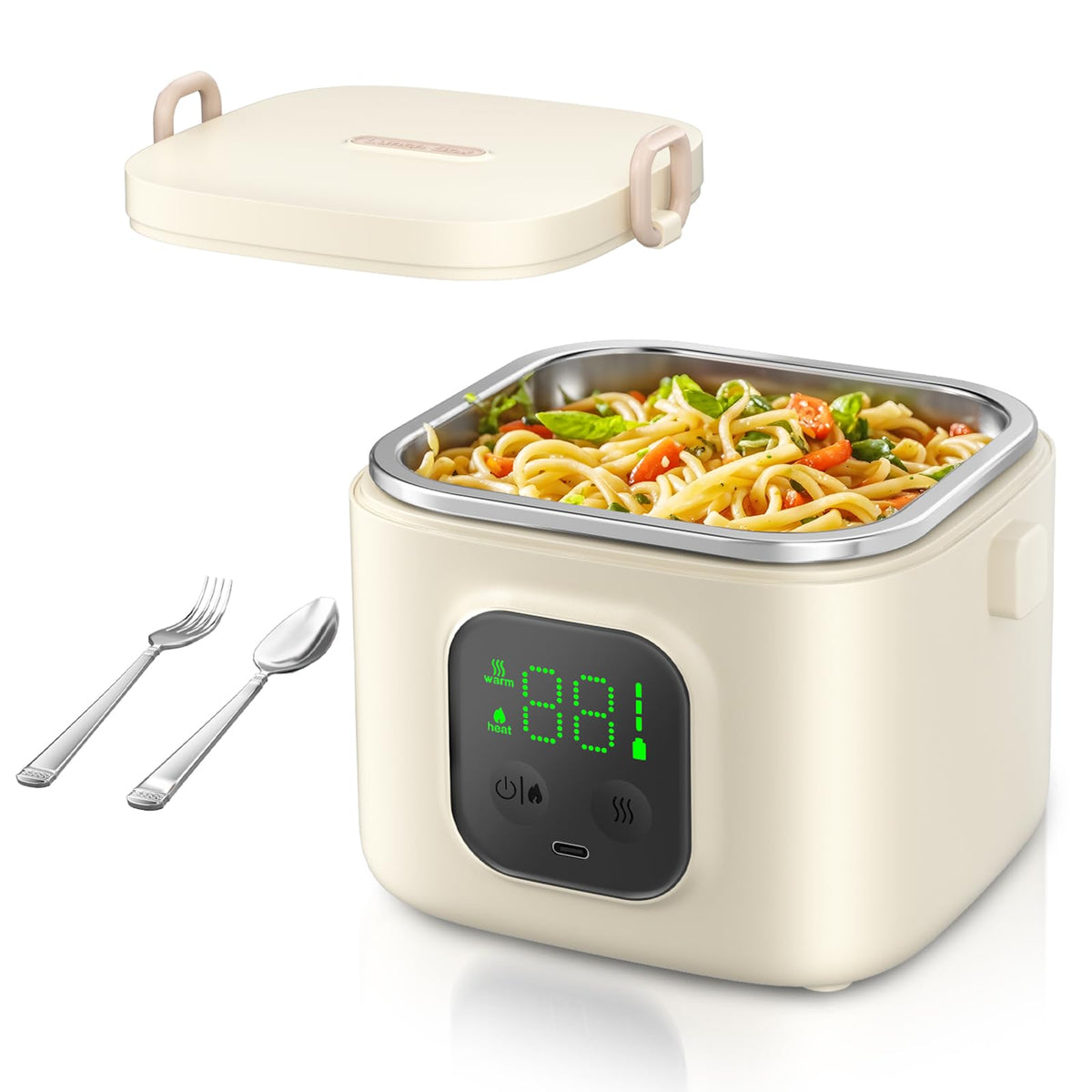 MODURE Caja de Almuerzo Eléctrica, vista frontal, lista para calentar en cualquier lugar.