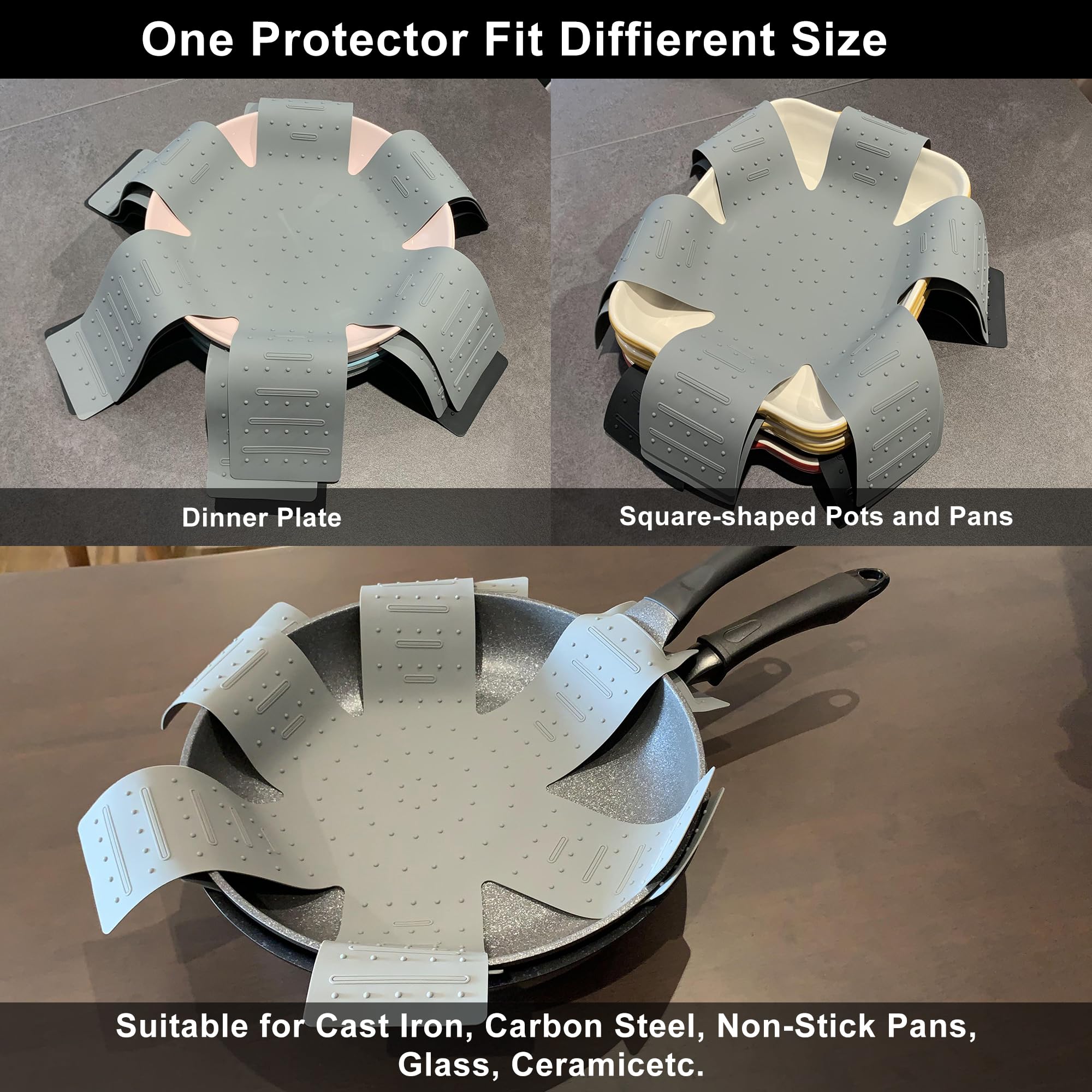 Mofason protectores de silicona para almacenamiento cómodo entre ollas y sartenes.
