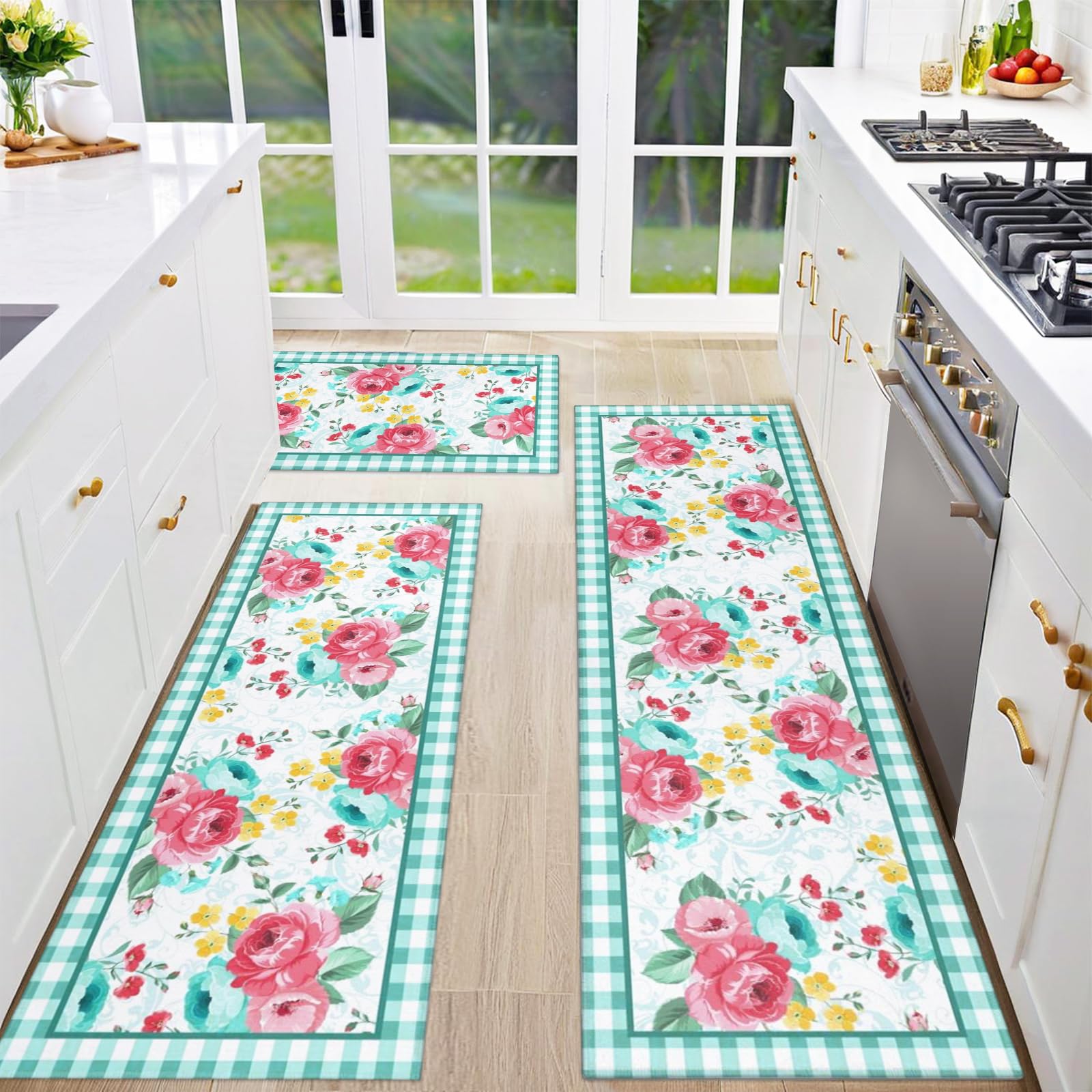 Alfombra de cocina Mofvugz floral rojo-teal 17x30, antideslizante y cómoda para cocinar.