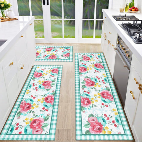 Alfombra de cocina Mofvugz floral rojo-teal 17x30, antideslizante y cómoda para cocinar.