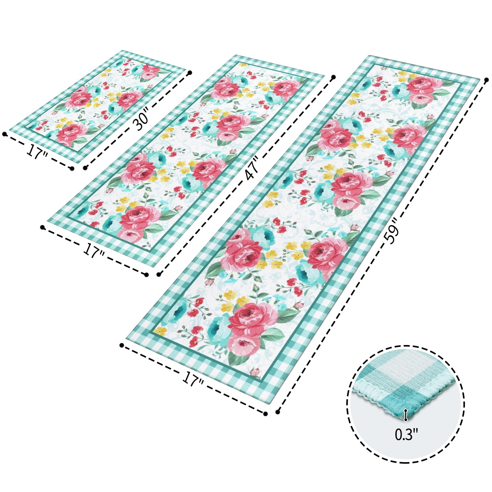 Alfombra de cocina Mofvugz floral rojo-teal 17x47, lavable a máquina para limpieza fácil.