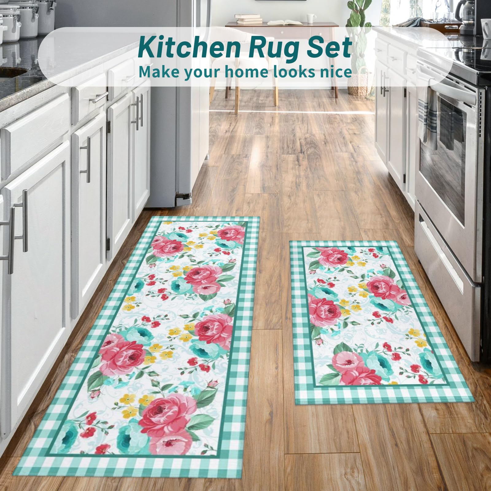 Alfombra de cocina Mofvugz floral rojo-teal 17x59, acolchada para mayor comodidad al pie.