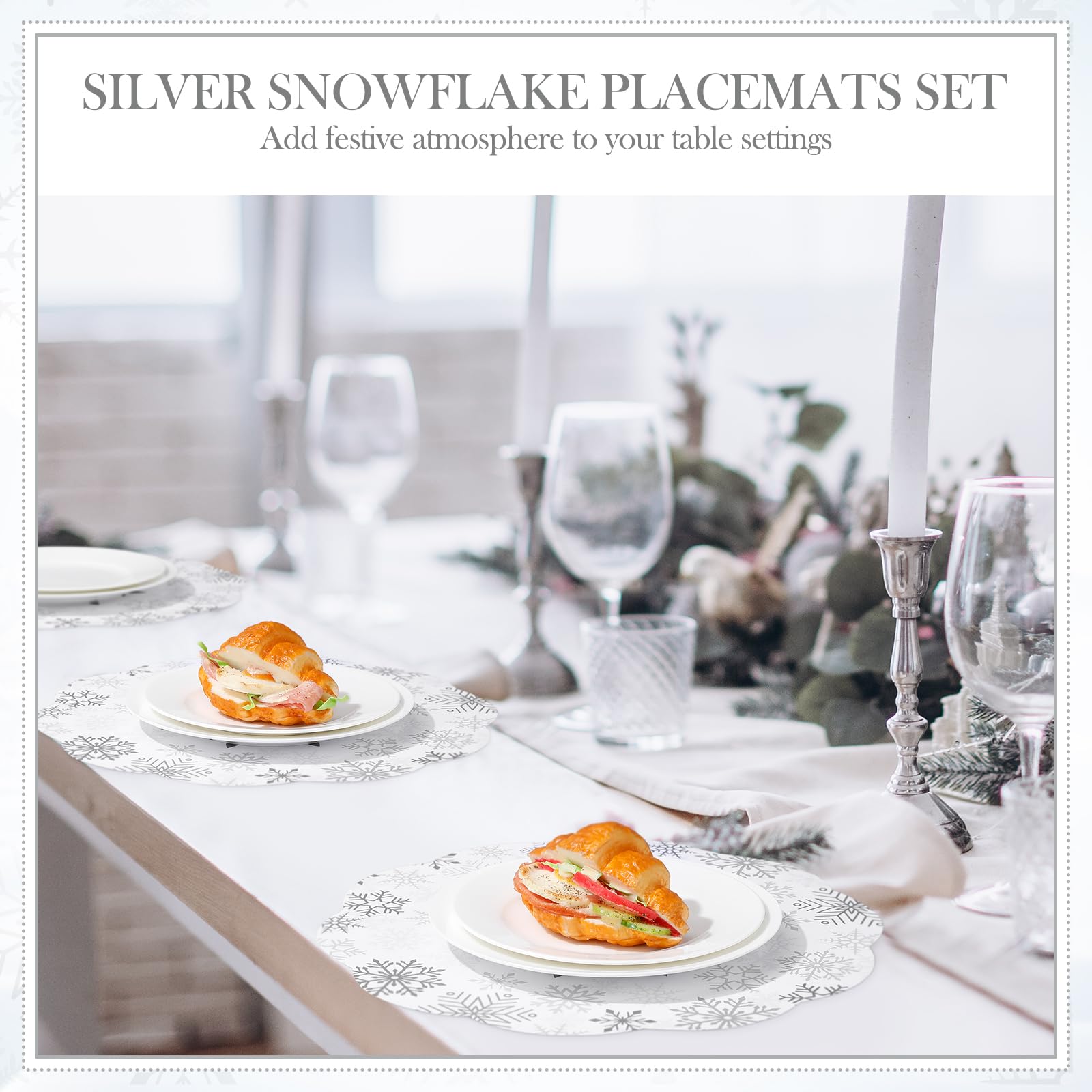 Copos de nieve plateados en manteles Moinchore para eventos festivos.