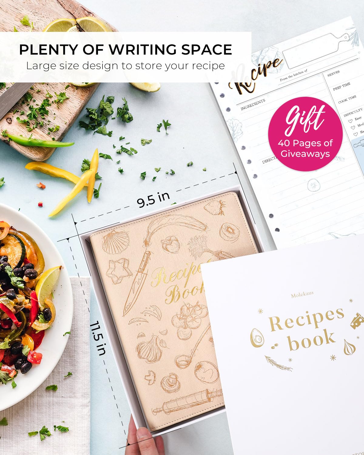 Molekaus libro de recetas, bolsillos interiores para guardar tarjetas y notas.