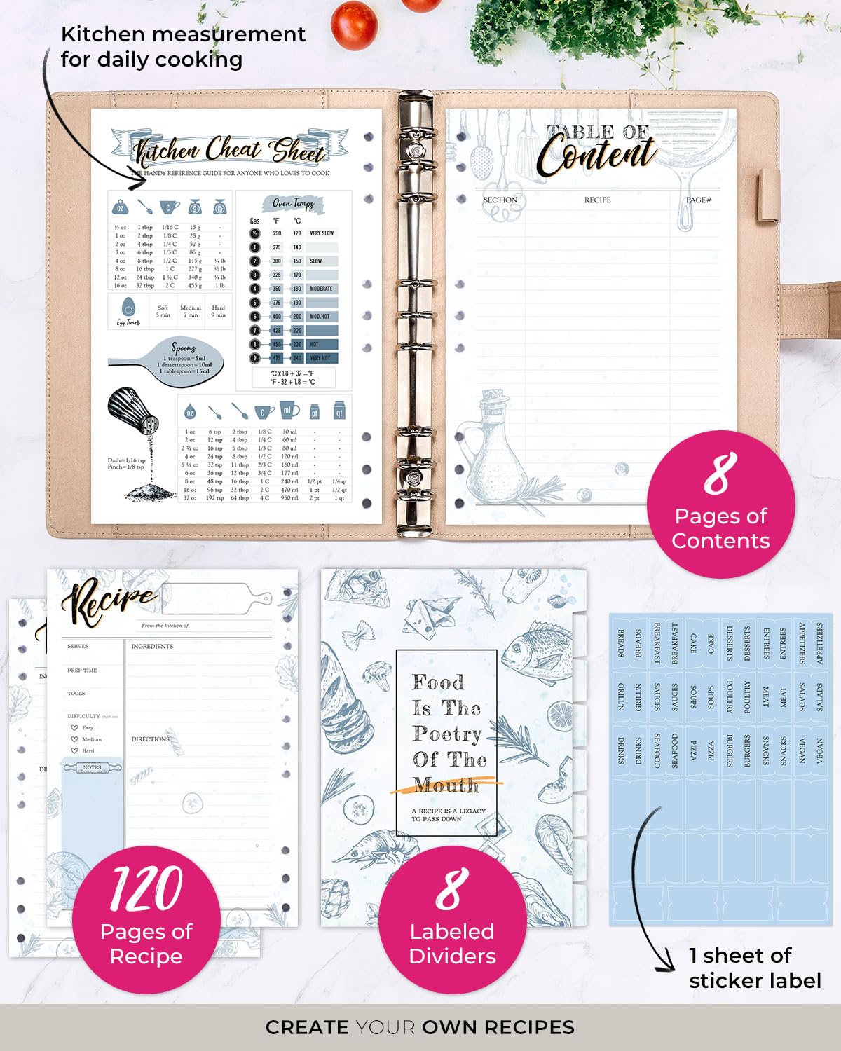Molekaus libro de recetas, tamaño 7x10 pulgadas para uso cómodo en la cocina.