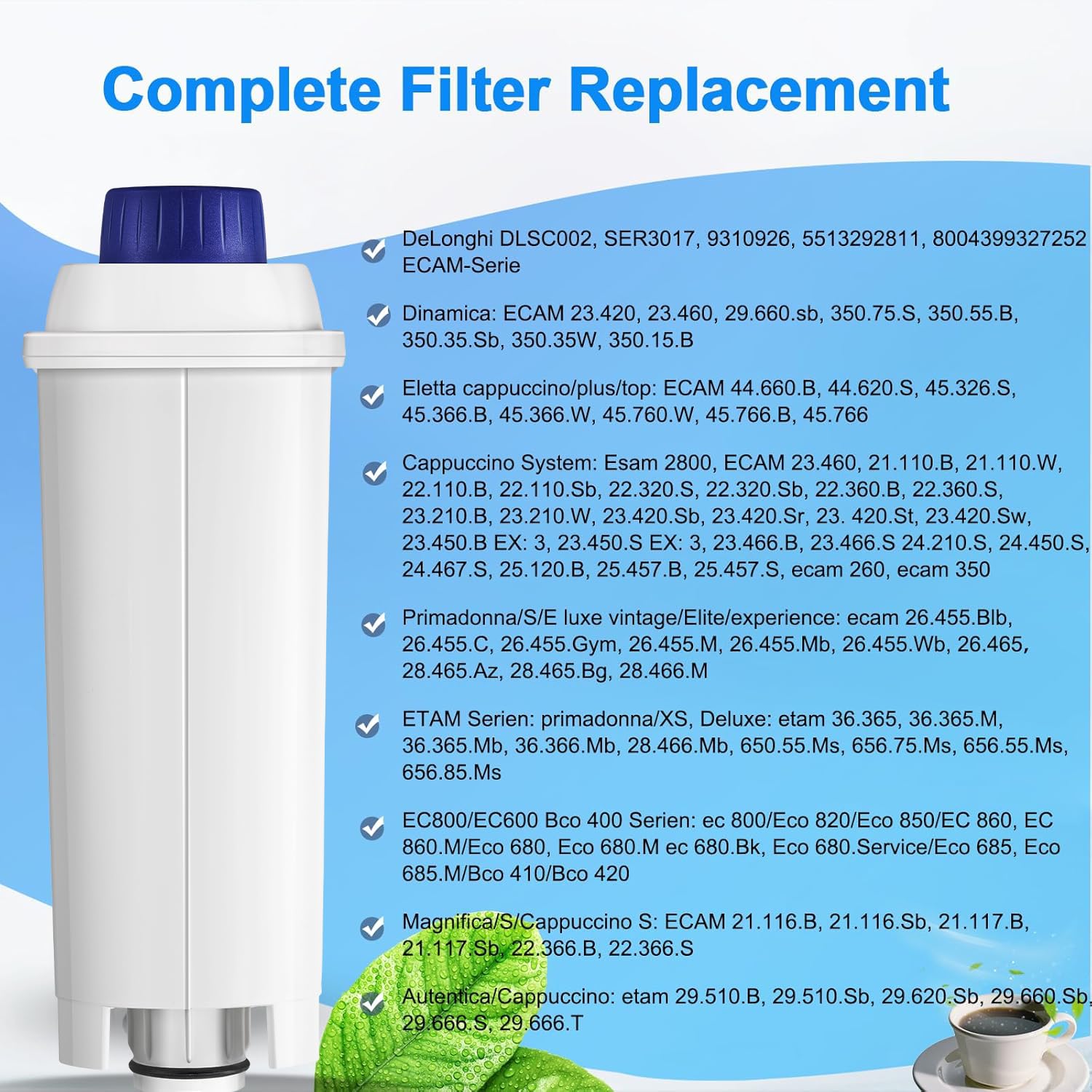 Filtro Molifal para De’Longhi Dinamica reduce cloro y olores para café suave.