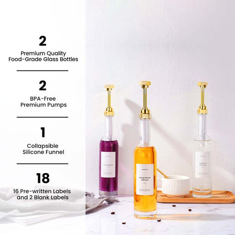 Molimoli botellas jarabe vidrio oro: dispensan jarabe de café con elegancia