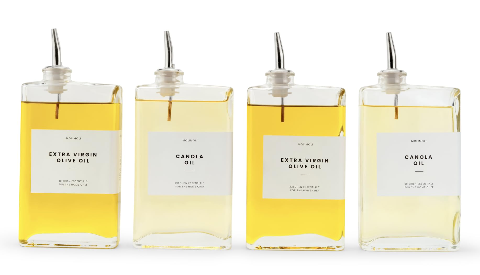 Molimoli frascos de vidrio para aceite, cocina ordenada y control de vertido.
