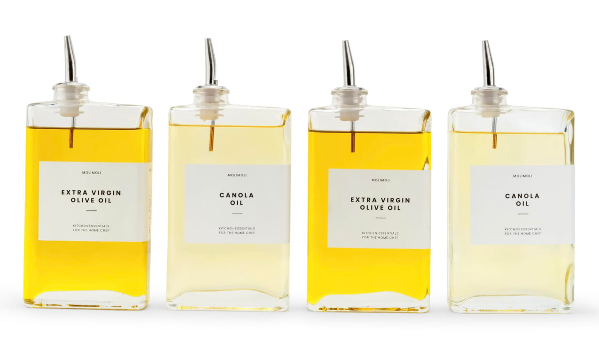 Molimoli frascos de vidrio para aceite, cocina ordenada y control de vertido.