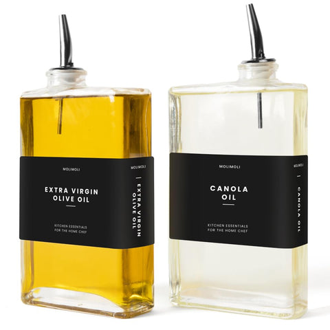 Molimoli dispensador de aceite de oliva: dos botellas de vidrio para un vertido limpio.