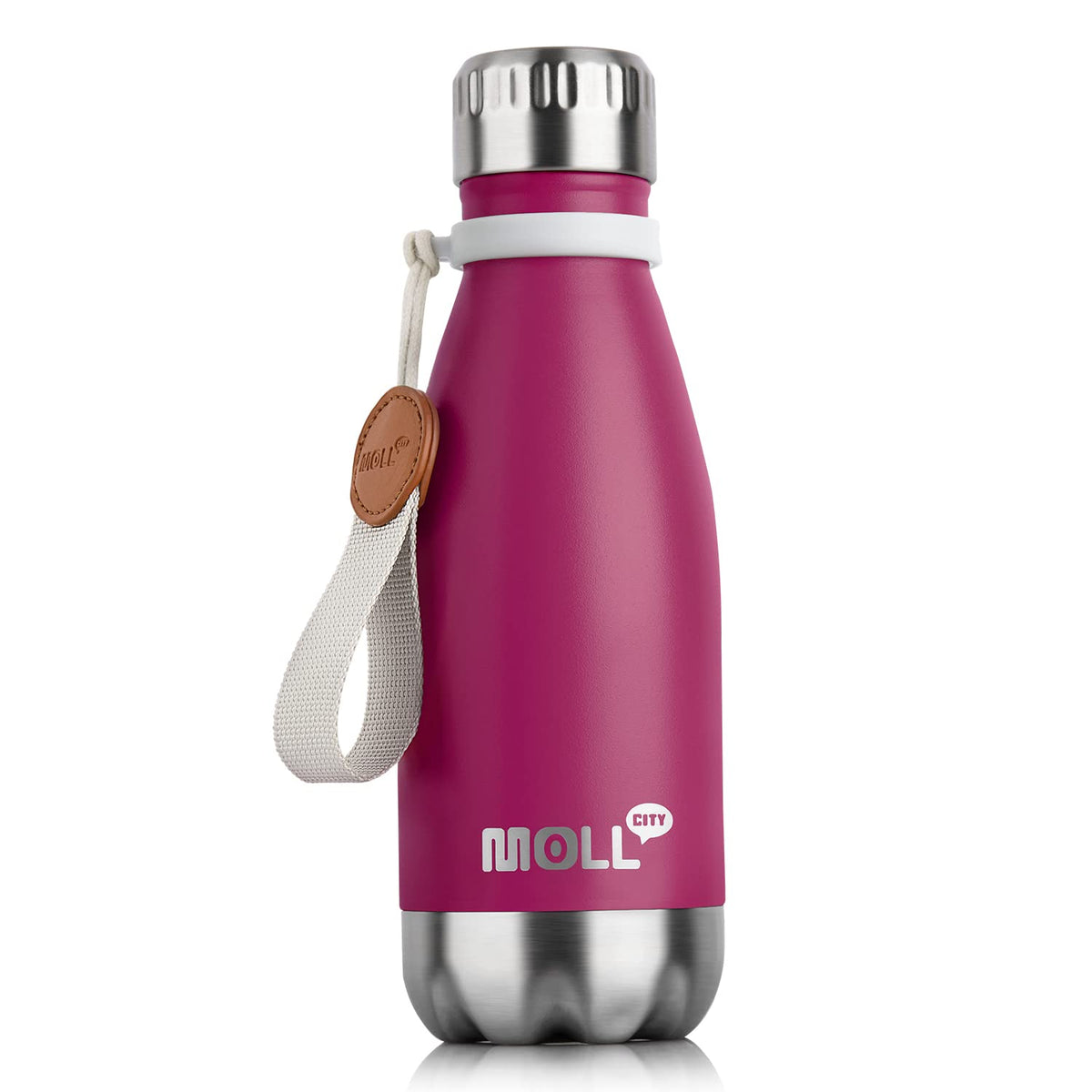 Mollcity botella para niños, forma de cola en fucsia, ideal para mantener la bebida fresca.