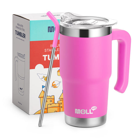 Mollcity Vaso infantil rosa con tapa y pajita, ideal para bebidas seguras en casa.