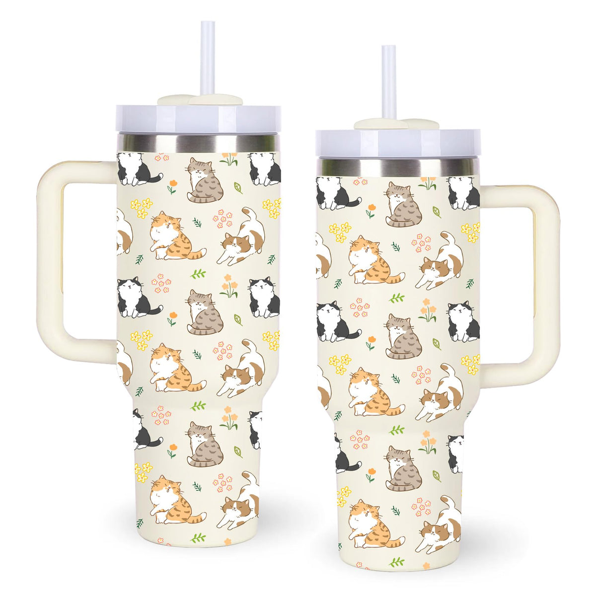 La taza momocici gatos y flores con asa, ideal para llevar bebidas a diario.