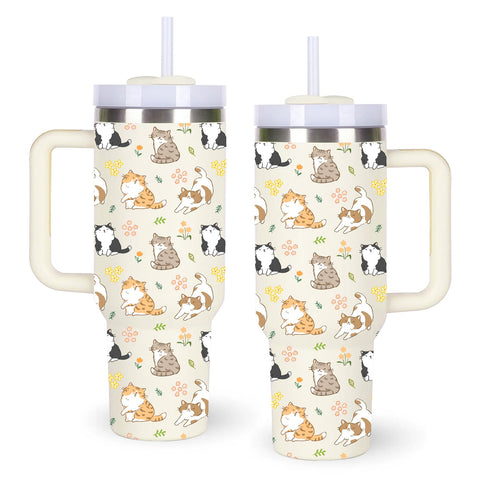 La taza momocici gatos y flores con asa, ideal para llevar bebidas a diario.