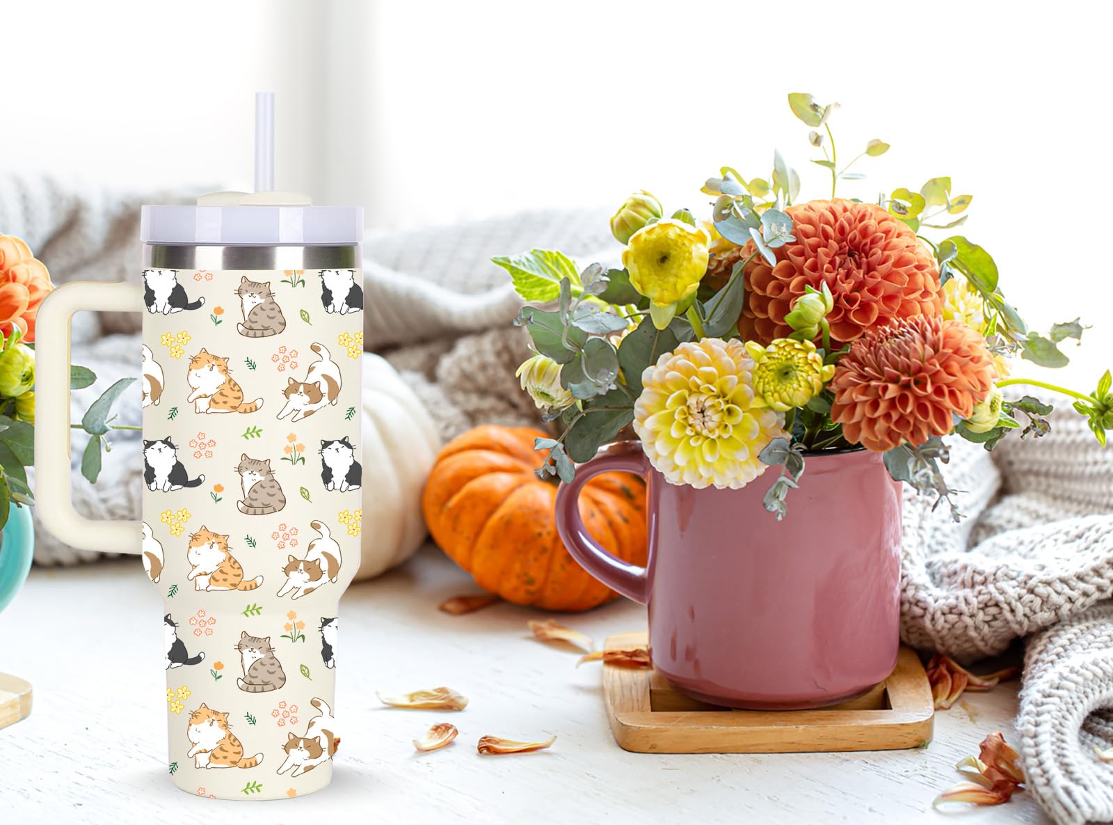Regalo ideal para amante de gatos, diseño de gatos y flores.