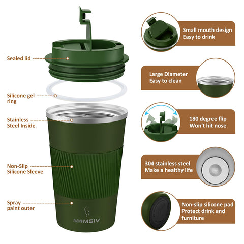 Taza MOMSIV de doble pared en acero inoxidable mantiene bebidas a la temperatura.
