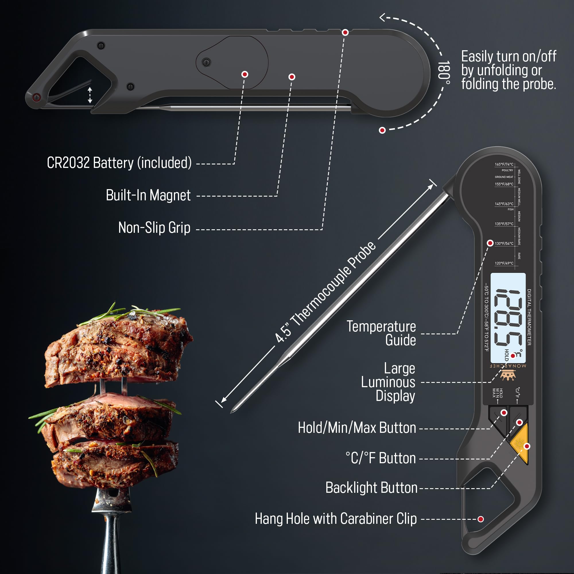 Sonda impermeable y rotatoria de Monarchef para parrillas y hornos.