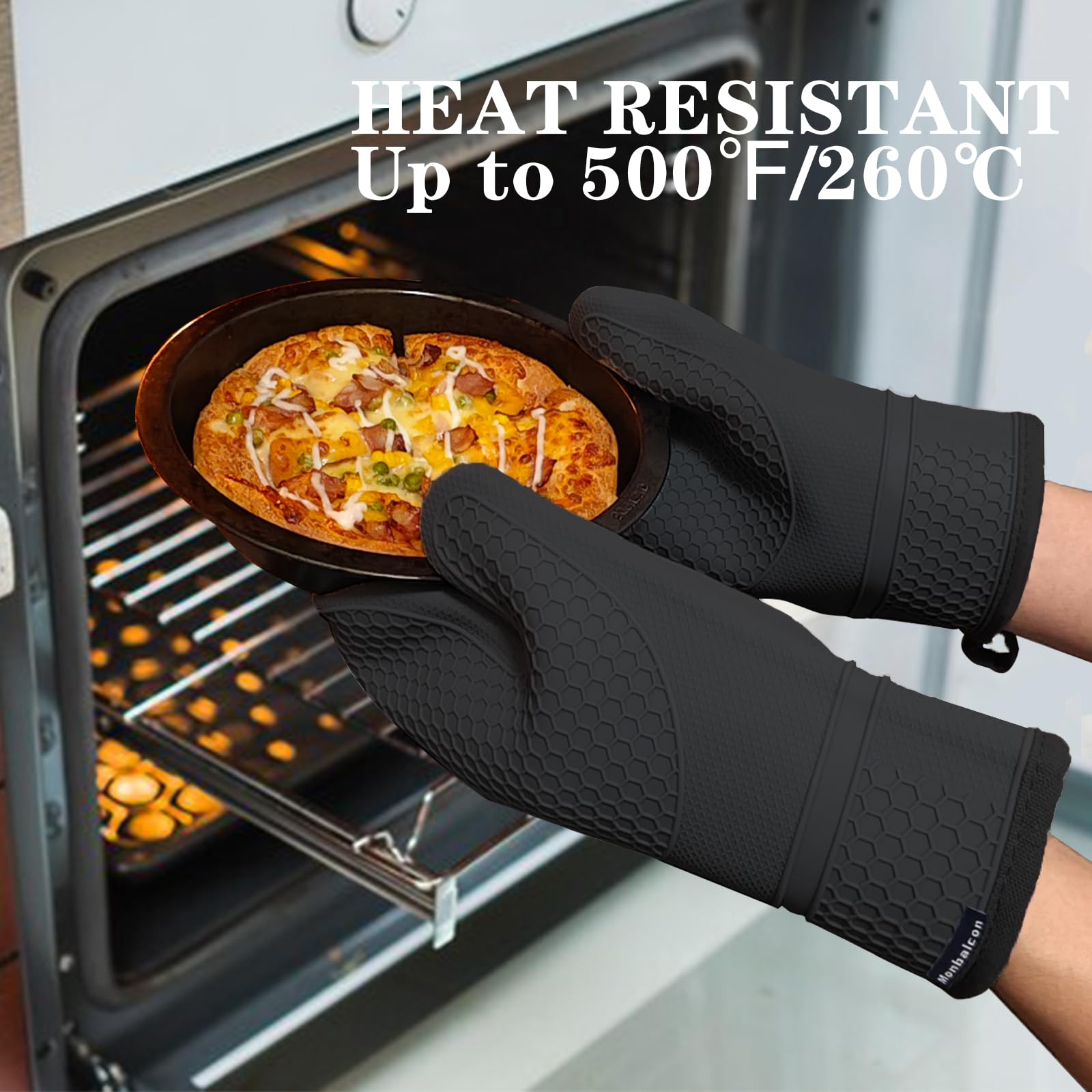 Superficie antideslizante de 0,04 pulgadas en guantes Monbalcon para sujetar objetos calientes