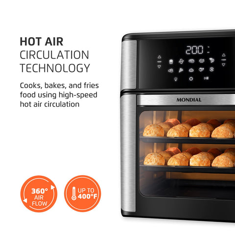 Mondial Horno Freidora de Aire, acabado negro y acero inoxidable duradero.