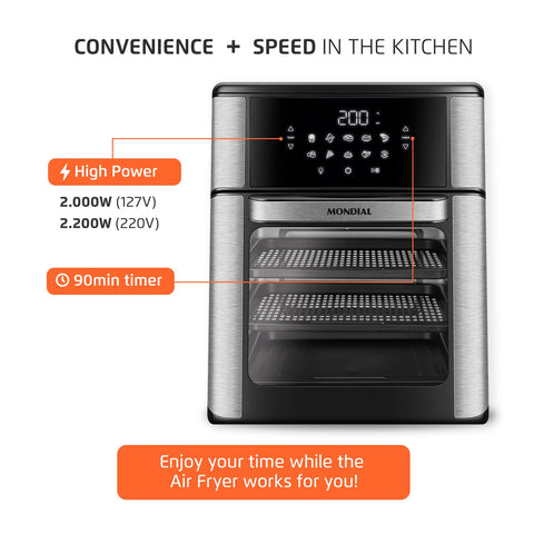 Mondial Horno Freidora de Aire, diseño moderno en negro.