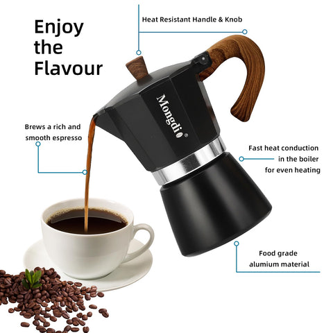 Mongdio cafetera-moka-cuerpo-aluminio-resistente: sabor uniforme y durabilidad.