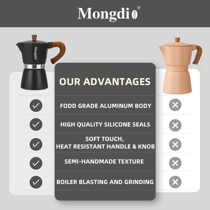 Mongdio cafetera-moka-mango-ergonomico: manejo cómodo durante la preparación.