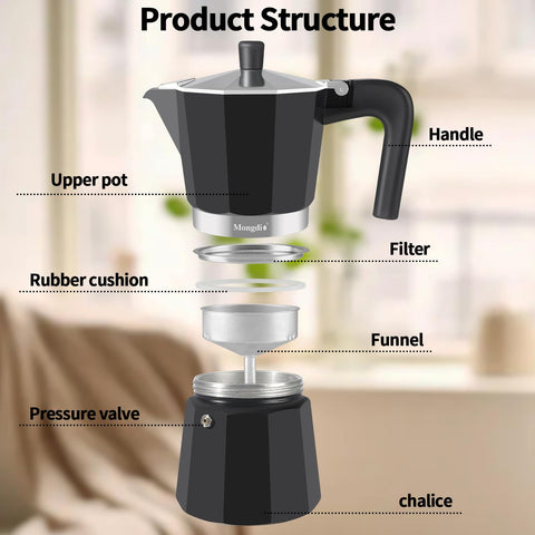 Mongdio Moka Pot detalle tapa: tapa robusta y segura para vertido controlado.