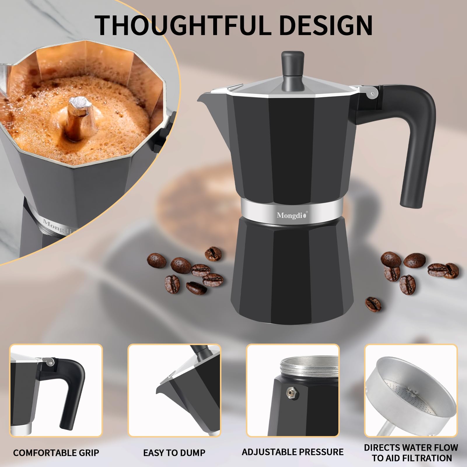 Mongdio Moka Pot interior filtro: filtro suave para extracción limpia.