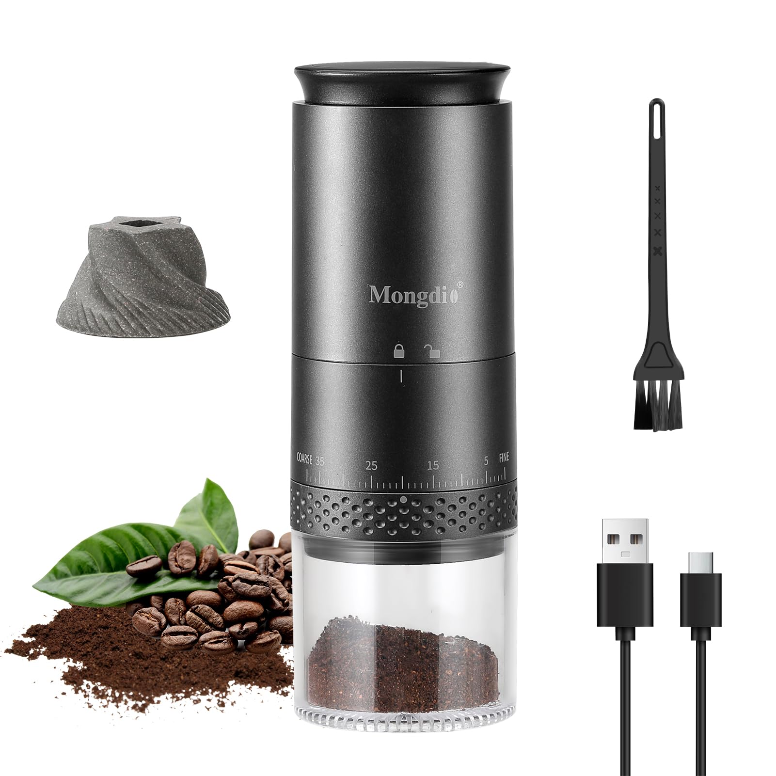 Mongdio Molinillo eléctrico portátil, vista frontal, ideal para viaje.