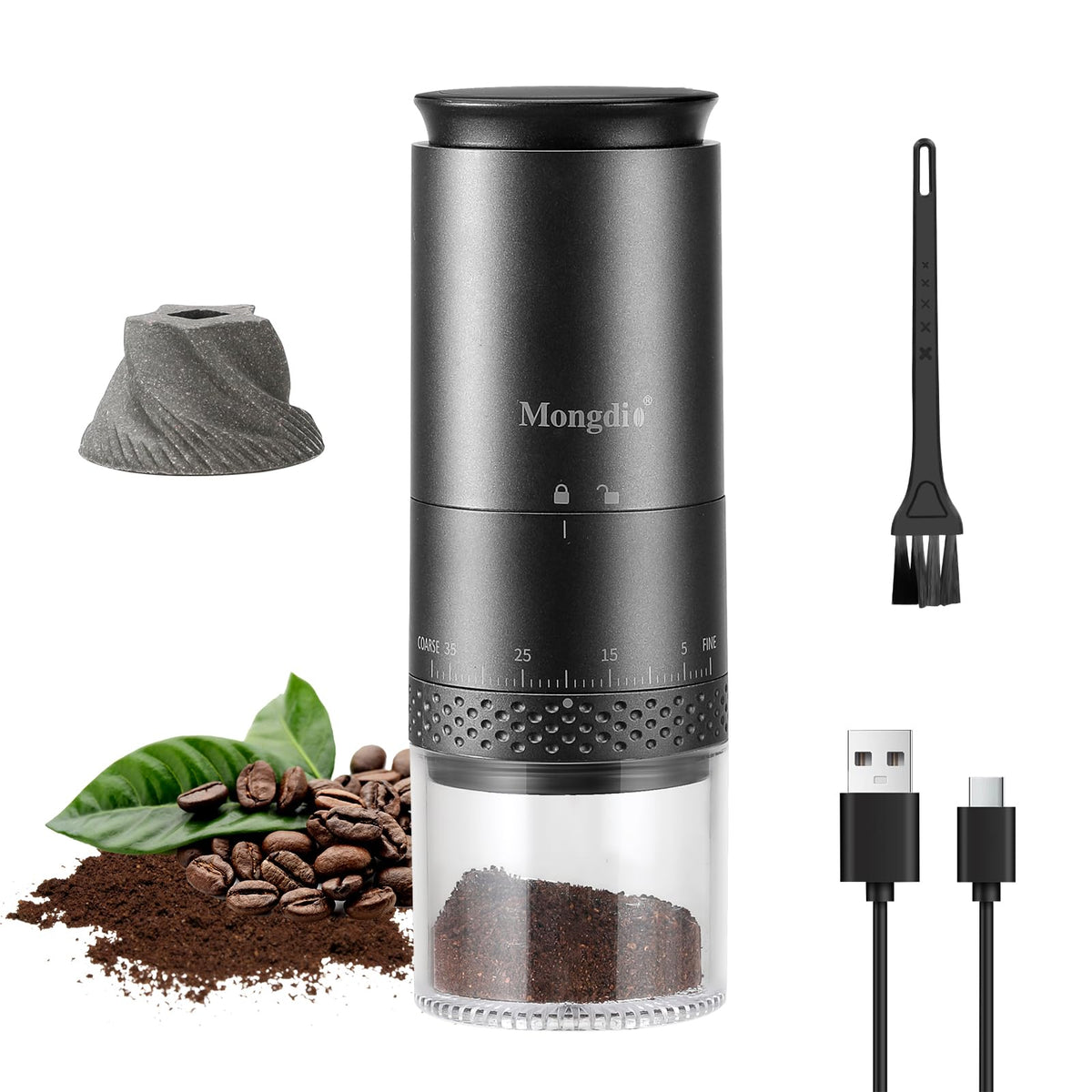 Mongdio Molinillo eléctrico portátil, vista frontal, ideal para viaje.