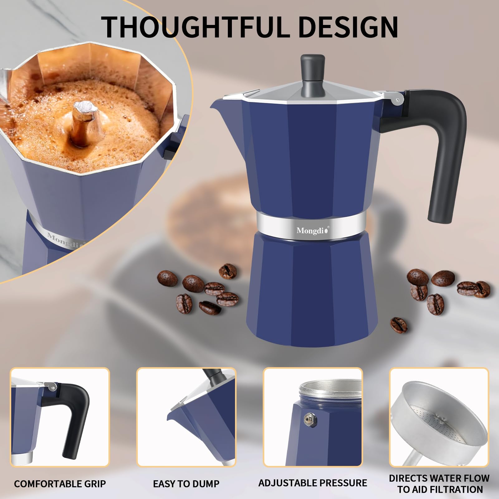 Mongdio tapa con manija y vertedor integrado para servir café expreso.