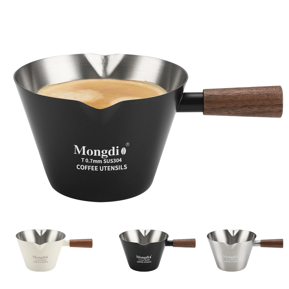 Mongdio espresso con doble boquilla y mango de madera para vertidos precisos.