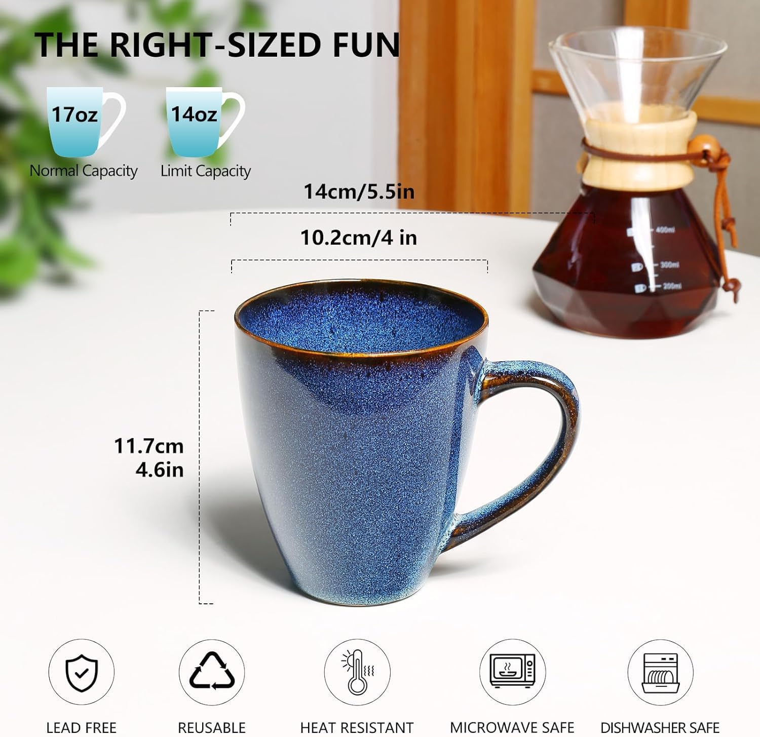 MONITO taza de 17oz cerámica azul con borde dorado ideal para café.
