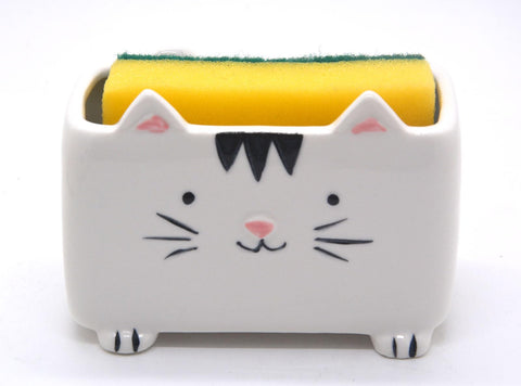 MONMOB portaesponjas gato cerámica, ideal para encimera ordenada y seca.