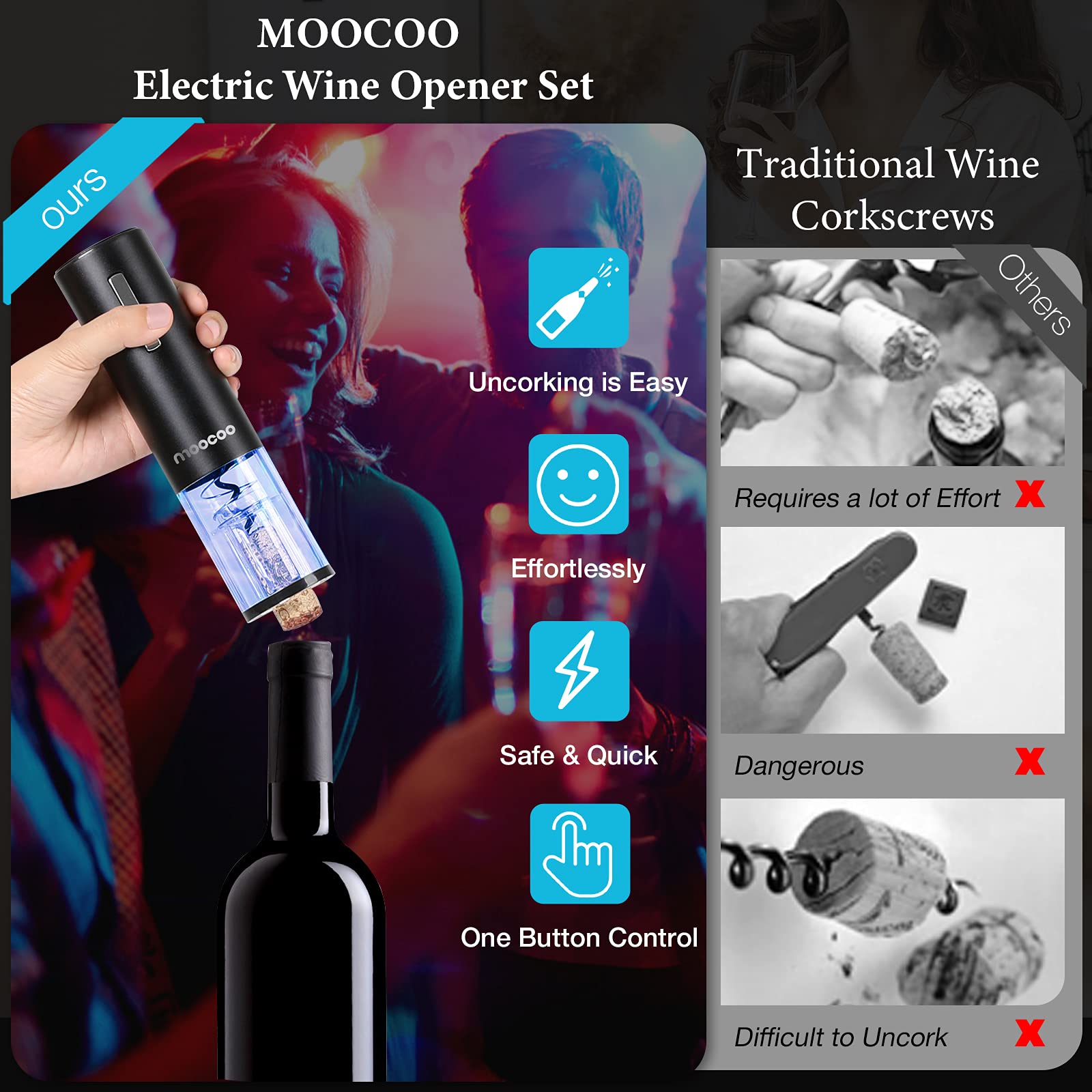 Moocoo abre vino eléctrico con aerador y vertedor 2 en 1 para servir