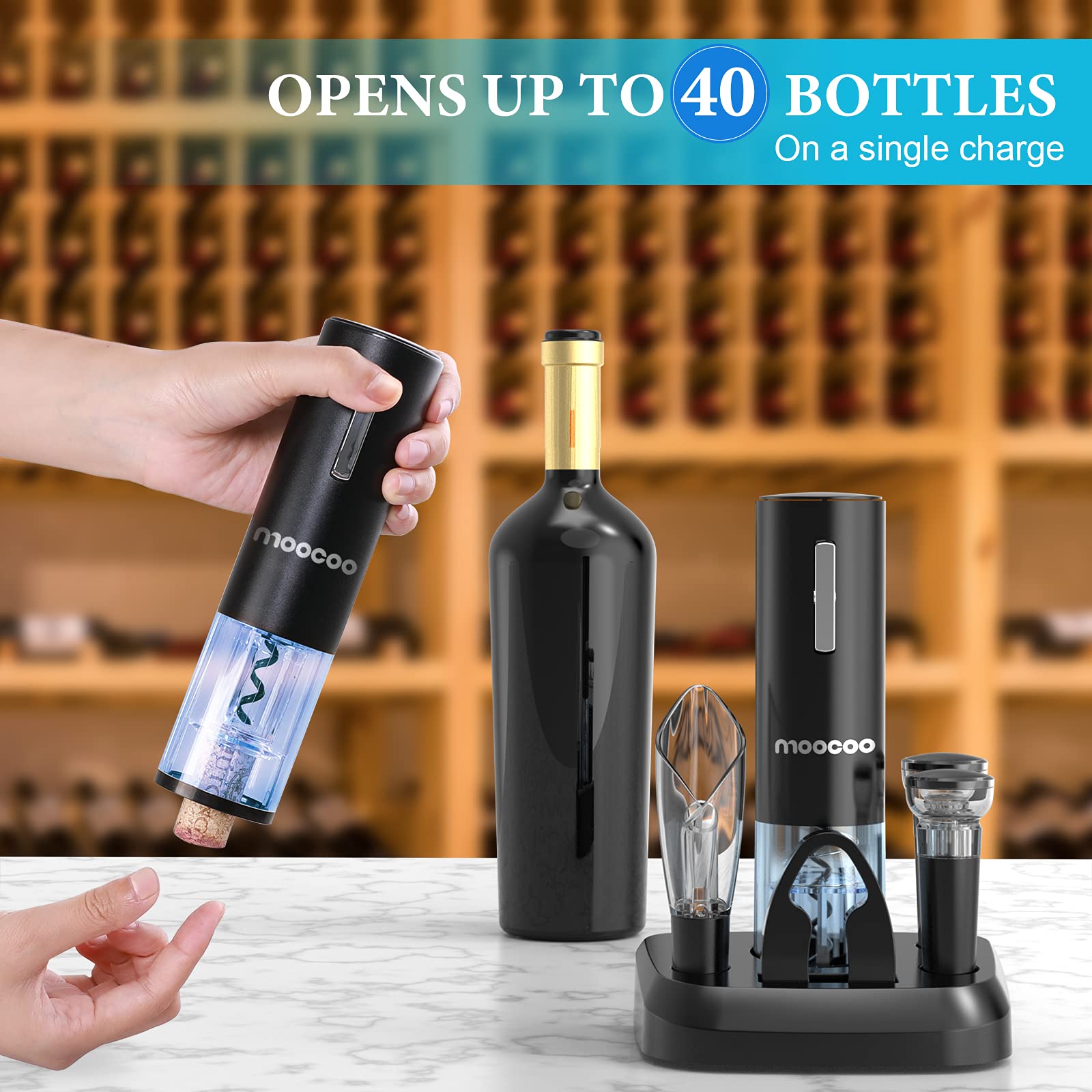 Moocoo abre vino eléctrico con dos tapones de vacío para conservar vino