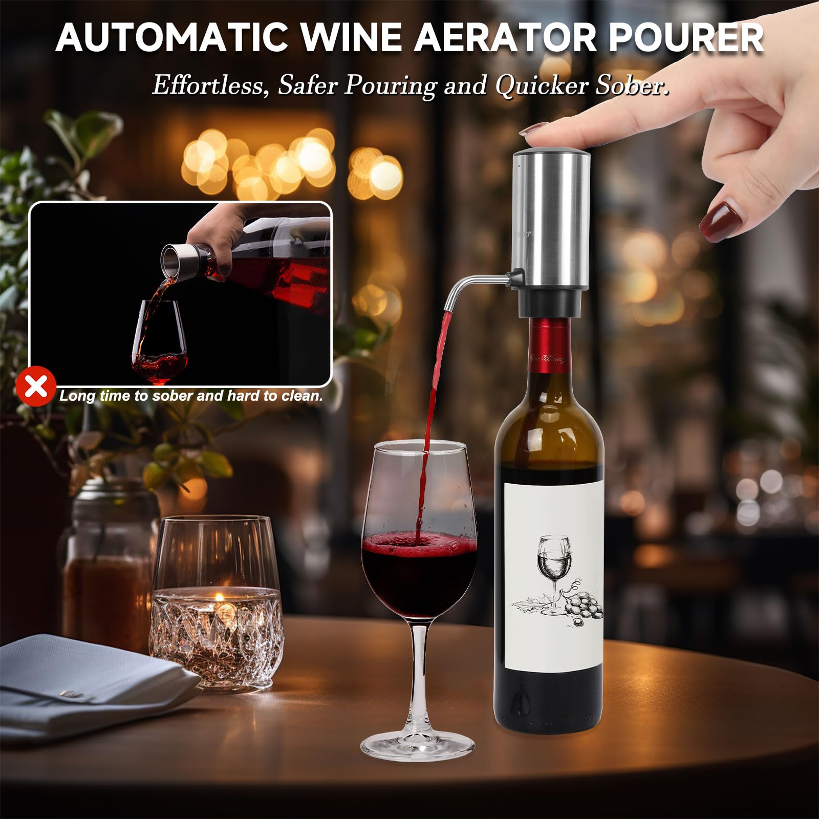 Aerador Moocoo integrado vertiendo vino para realzar aromas