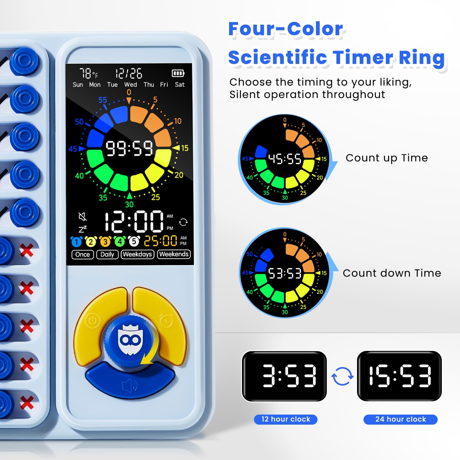 Mooking con 5 alarmas ajustables para recordatorios en casa y aula.