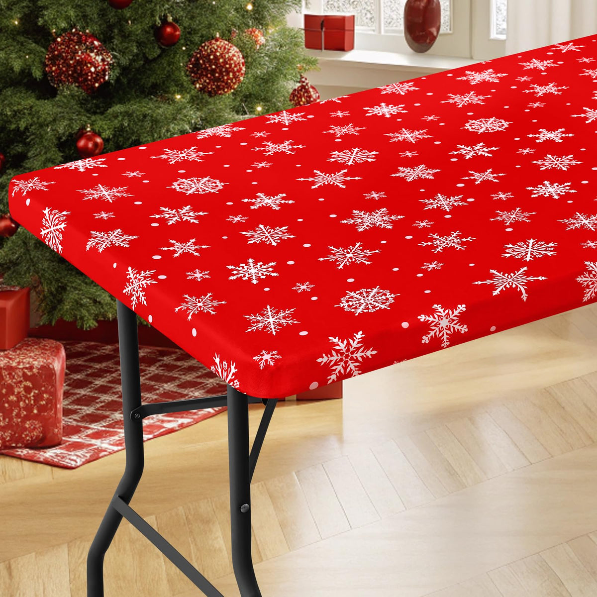 Moosfor mantel elástico con copos de nieve para mesa festiva.